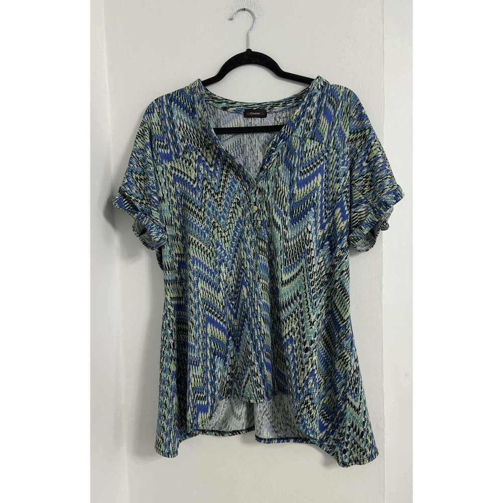 Cocomo Abstract Print Blue Green Short Sleeve Henley‎ Boho Blouse Top